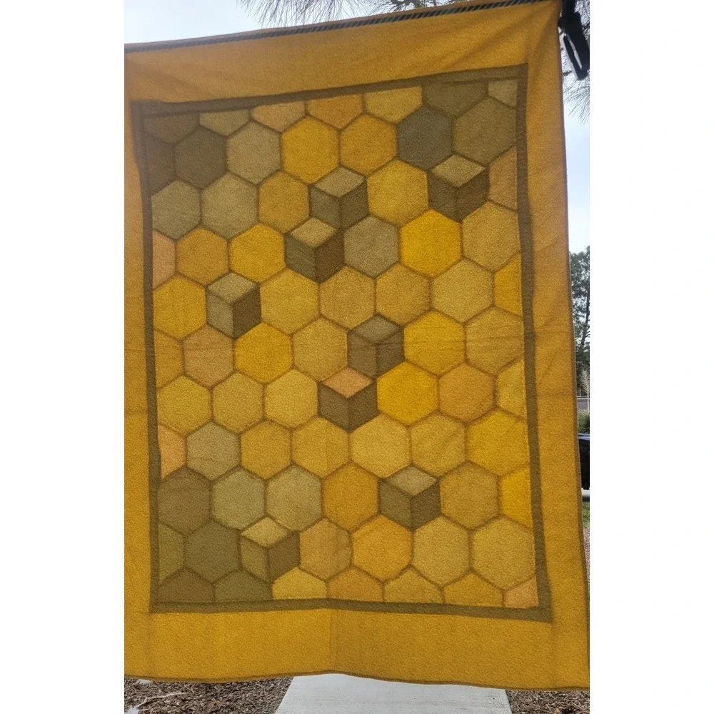 Vintage‎ Baby Crib Quilt 40x56 Yellow Blue Patchwork Tumbling Blocks